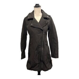 BCBG Max Azria S Black Jacket Coat Waterproof Hooded Fleece Lined Mid Length Zip